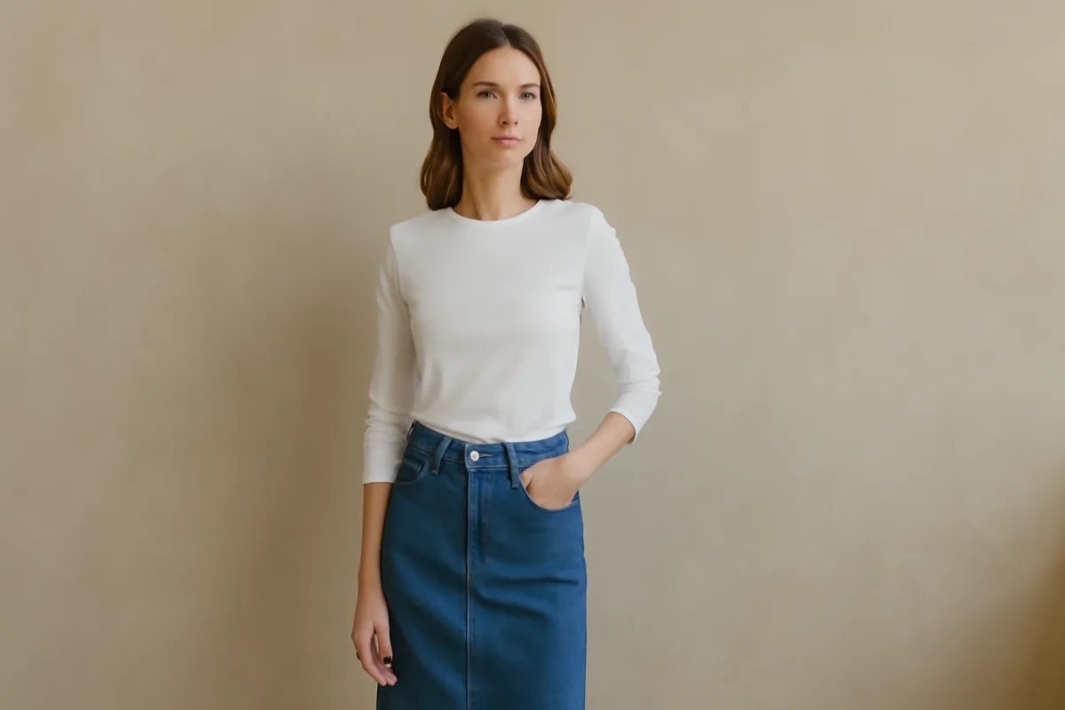 Outfit minimal con gonna in denim: la regola furba che rinnova il look senza fatica